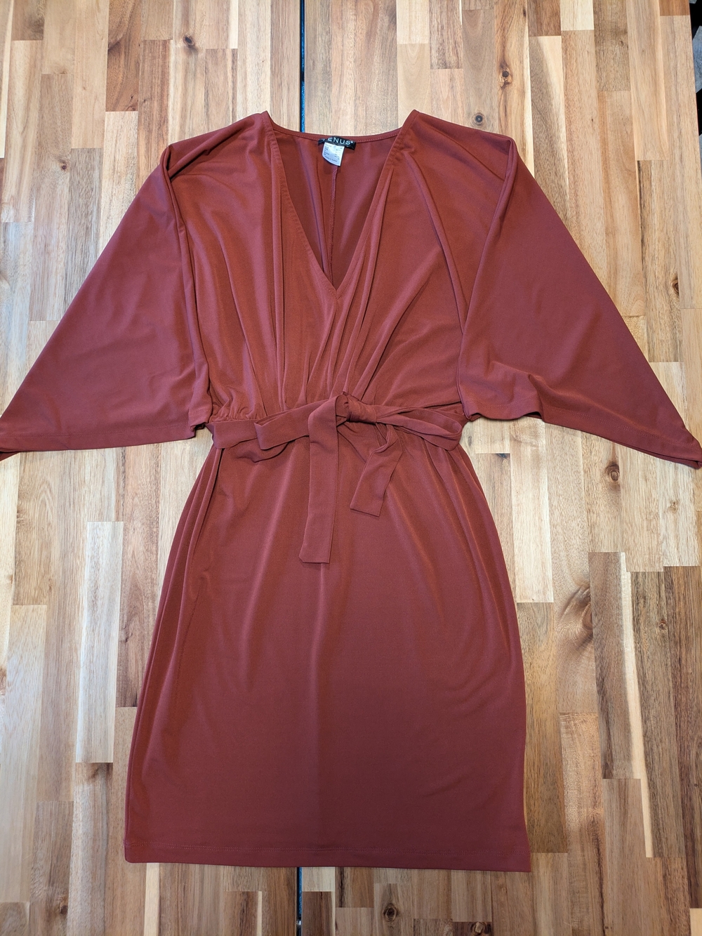 VENUS Rust Brown V-Neck Tie-Waist Bat Sleeve Mini Dress Sz M